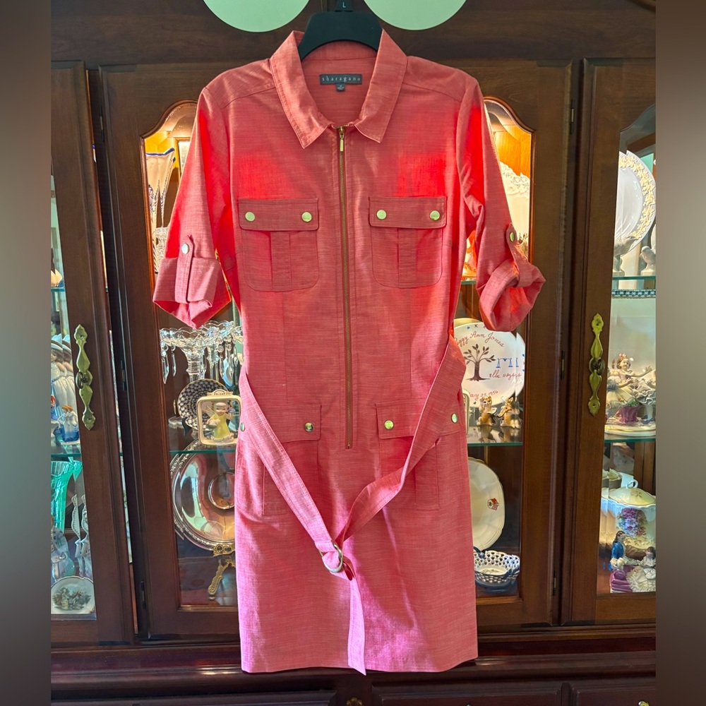 Sharagano Half Zip Belted Roll Tab Sleeve Shift Dress Size 10 Coral